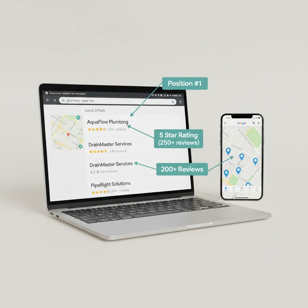 Laptop and phone showing Google Maps local search results