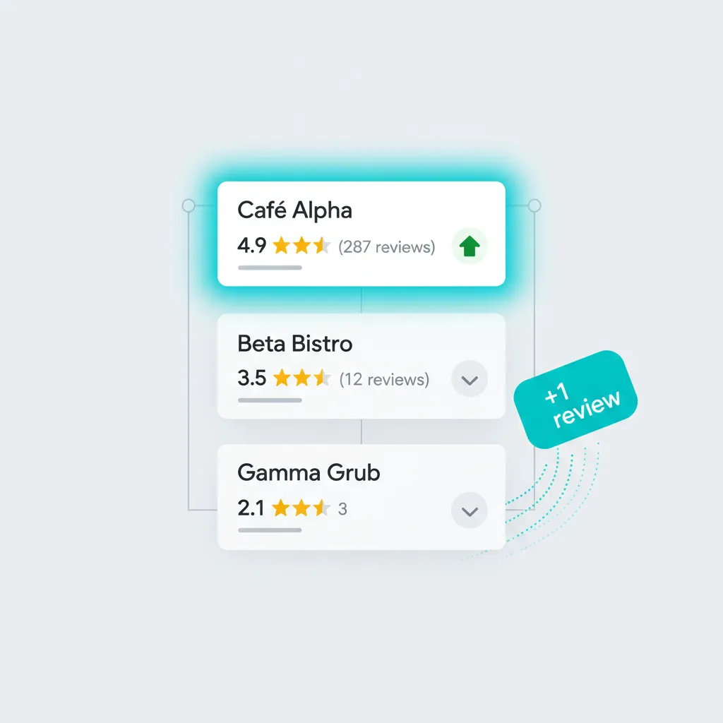 Review cards showing businesses with star ratings