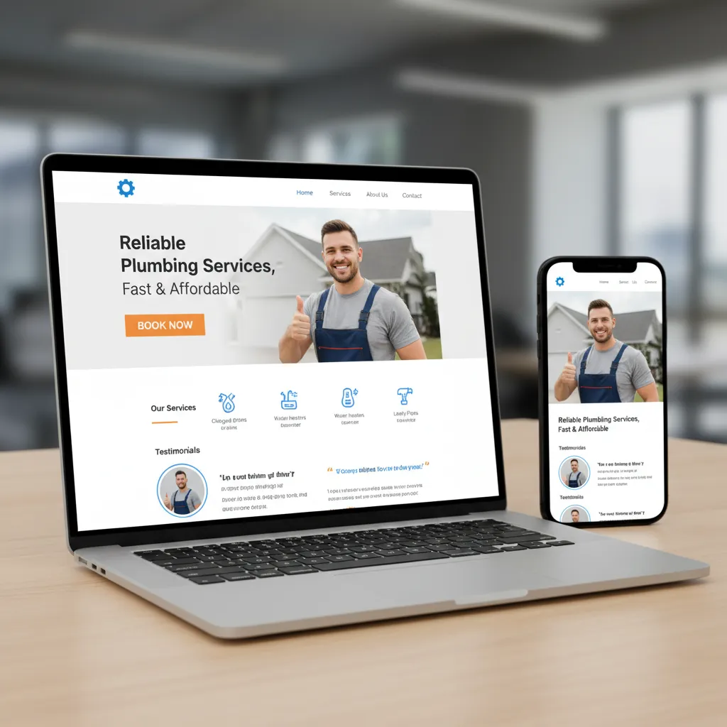 Website mockup showing Reliable Plumbing Services with phone