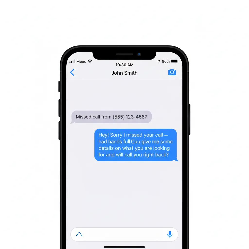 Phone mockup showing text message conversation after missed call