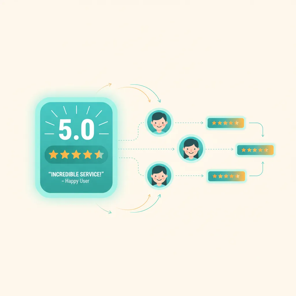 Review and referral graphic showing 5.0 rating and connected users
