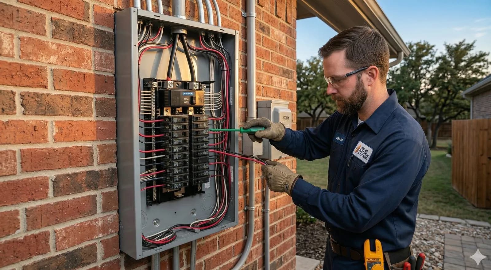 Electrician working on an open 200-amp residential panel with wiring exposed
