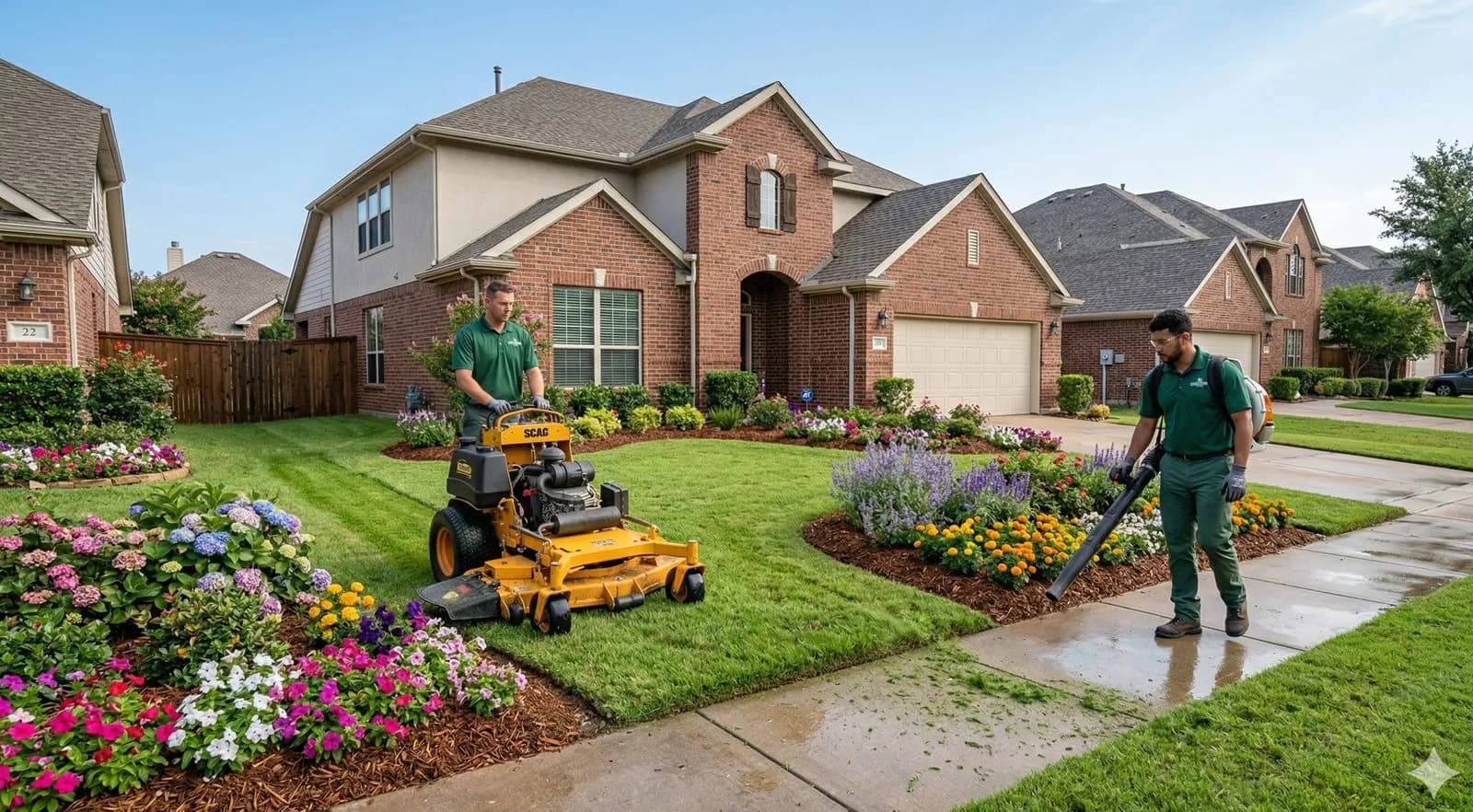 Landscaping crew with matching uniforms — one on standing mower, one blowing clippings on a manicured residential yard
